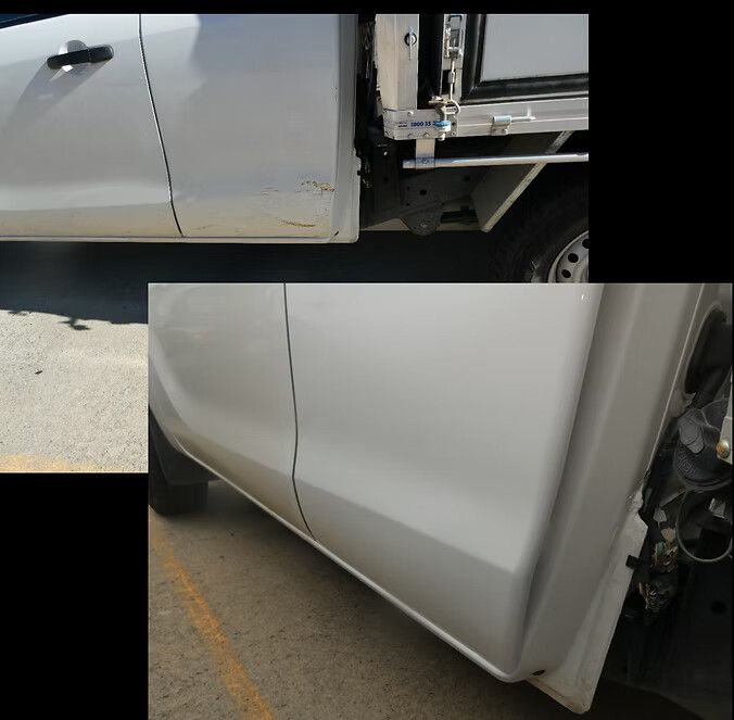 White Pickup Truck With Damage to the Lower Side Panel — Moto Bodyworks in Fyshwick, ACT