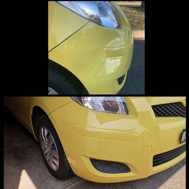 Two Images of a Yellow Toyota Yaris' Front Bumper — Moto Bodyworks in Fyshwick, ACT