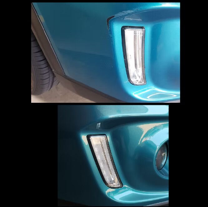 Two close-up views of a teal car's front bumper with a rectangular fog light.