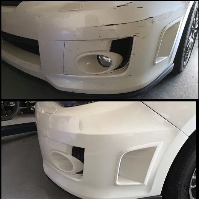 White Car Bumper Before and After Repair — Moto Bodyworks in Fyshwick, ACT