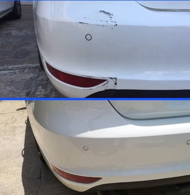 White Car Bumper Before and After Repair — Moto Bodyworks in Fyshwick, ACT