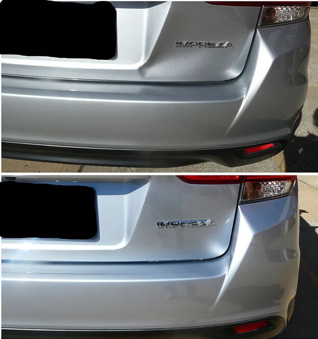 Top: Silver Car Bumper With a Dent. Bottom: Silver Car Bumper, Dent Repaired — Moto Bodyworks in Fyshwick, ACT