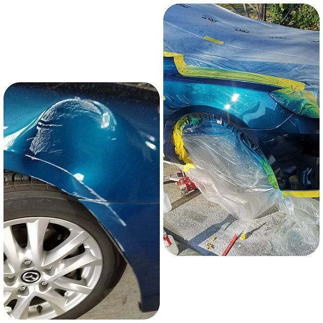 Damaged Blue Car Fender; Dented With Scratches — Moto Bodyworks in Fyshwick, ACT