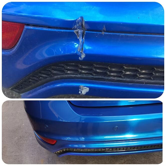 Before and After of a Blue Car Bumper With Paint Damage Repaired — Moto Bodyworks in Fyshwick, ACT