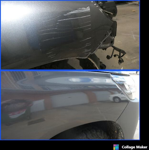 Damaged Gray Car Fender Before and After Repair, Showing Scratches and Smooth Refinished Surface — Moto Bodyworks in Fyshwick, ACT