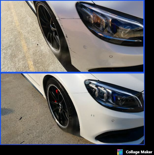 Before and After Photos of a White Car's Front Bumper, Showing Damage Repair — Moto Bodyworks in Fyshwick, ACT