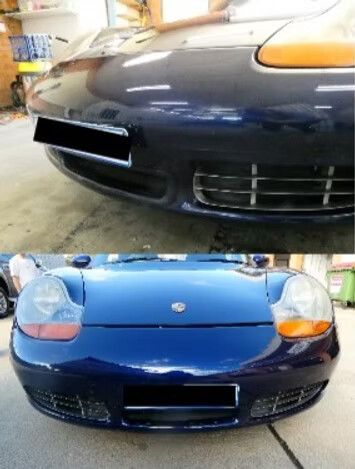 Two Blue Sports Cars, Front Views; One Partially Showing a License Plate, the Other Fully — Moto Bodyworks in Fyshwick, ACT