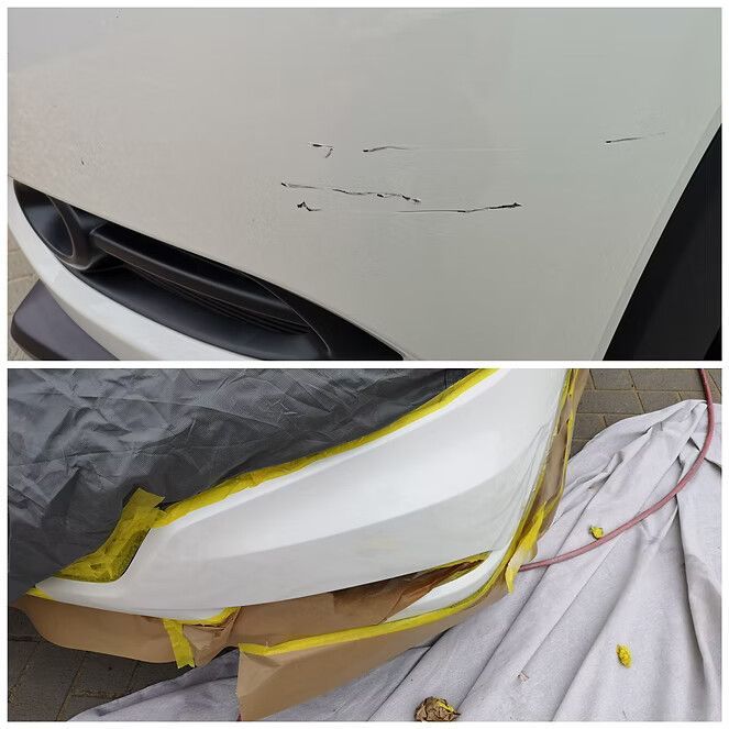 White Car Hood With Scratches Before Repair, and Bumper Being Repainted After Masking — Moto Bodyworks in Fyshwick, ACT