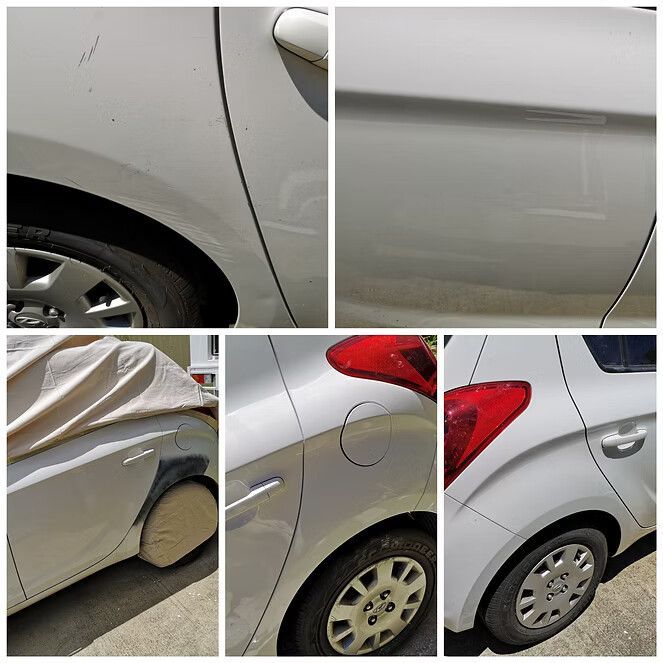 White Car With Body Damage Being Repaired in Various Stages — Moto Bodyworks in Fyshwick, ACT