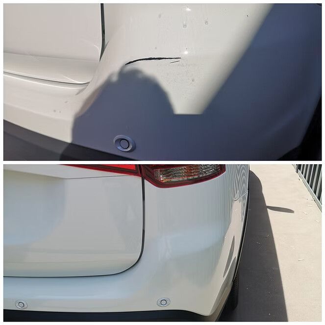 Top: Damaged White Car Bumper. Bottom: Repaired White Car Bumper — Moto Bodyworks in Fyshwick, ACT