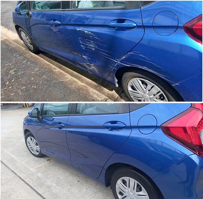 Blue Car Before and After Repair, Side Panel Being Fixed — Moto Bodyworks in Fyshwick, ACT
