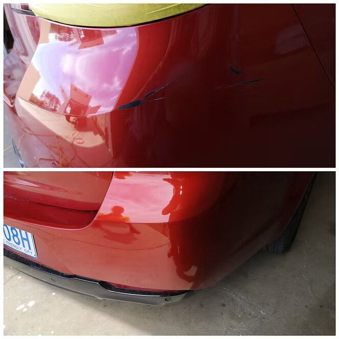 Before and After Photos of a Red Car Bumper Repair — Moto Bodyworks in Fyshwick, ACT