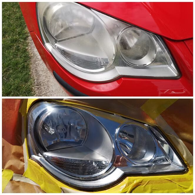 Before and After of Car Headlight Restoration; Top is Cloudy, Bottom is Clear and Shiny — Moto Bodyworks in Fyshwick, ACT