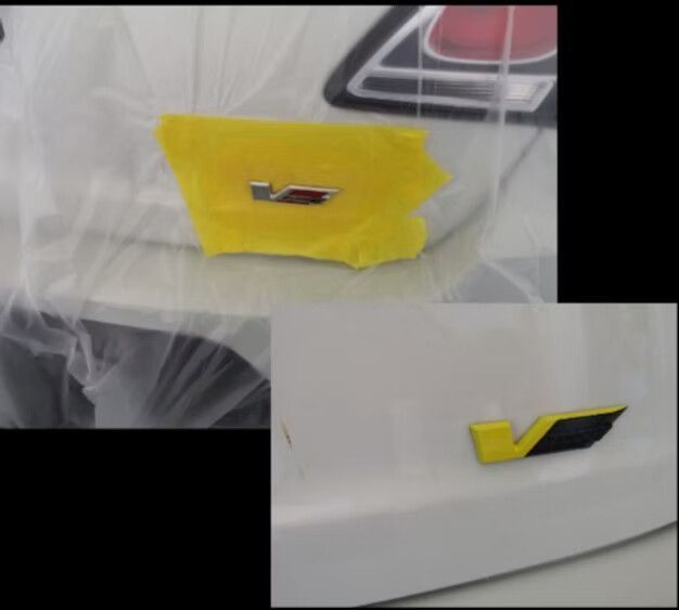 Two Photos Showing a Car's v-shaped Emblem — Moto Bodyworks in Fyshwick, ACT
