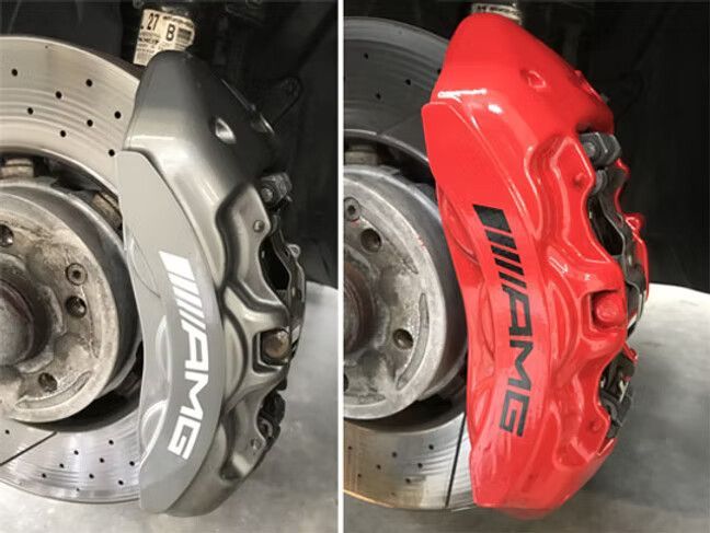 Comparison of Two Car Brake Calipers, One Gray and One Red With Amg Logo — Moto Bodyworks in Fyshwick, ACT