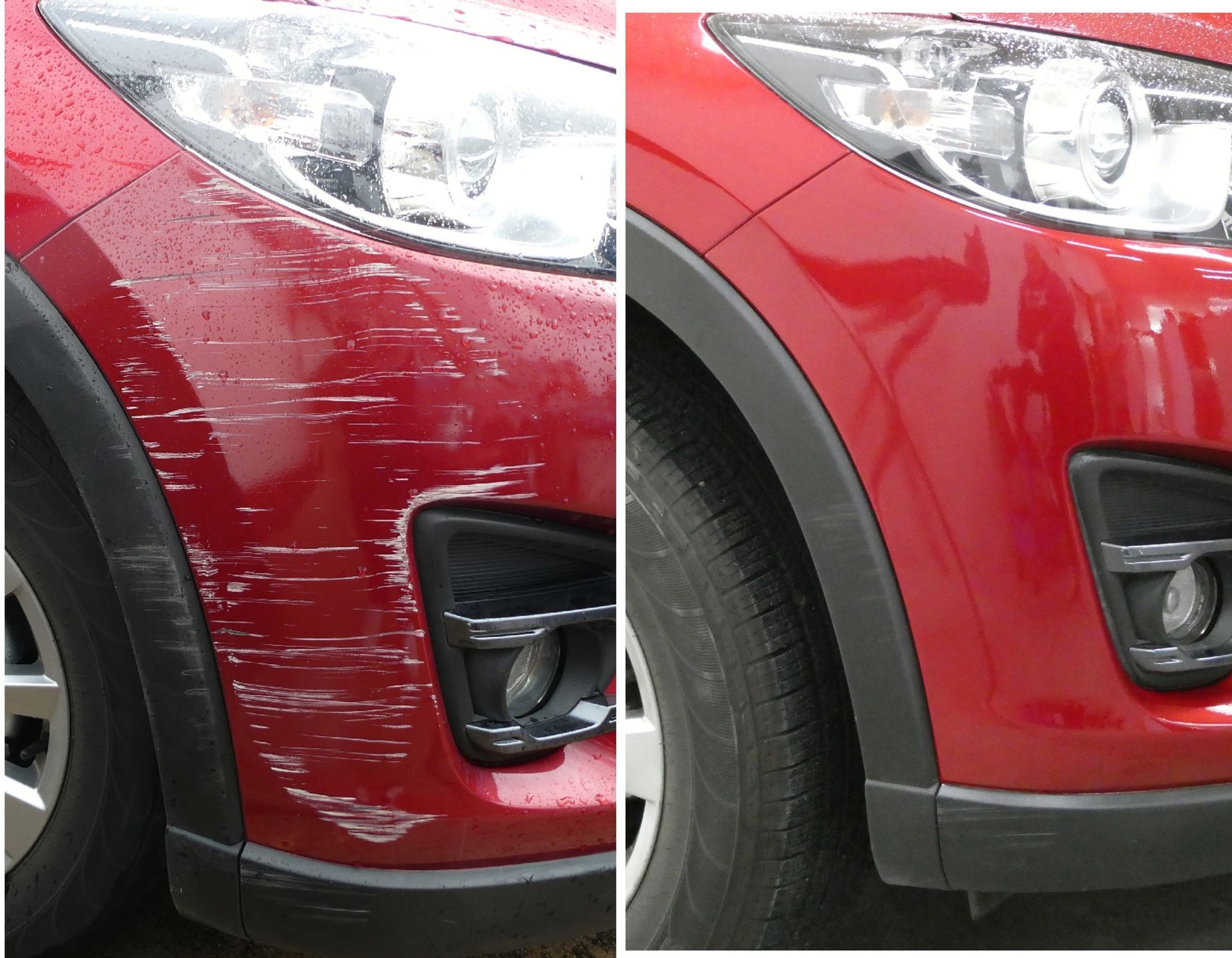 Before and After Comparison of a Red Car's Front Bumper — Moto Bodyworks in Fyshwick, ACT
