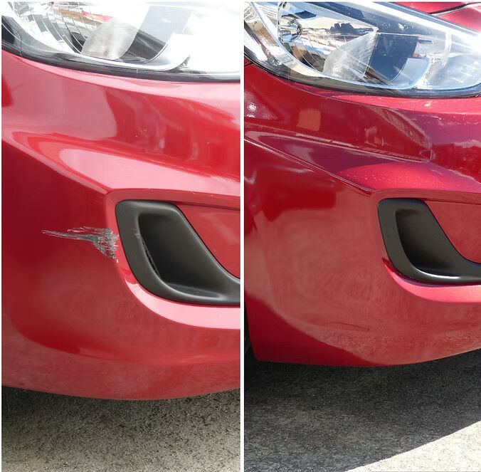 Red Car Bumper With Scratches, Then After Repair — Moto Bodyworks in Fyshwick, ACT