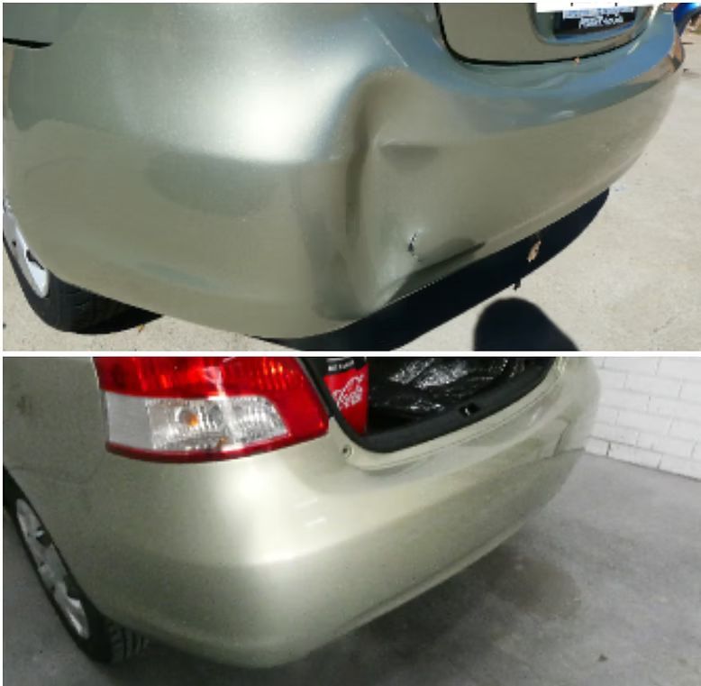 A Damaged Rear Car Bumper With a Dent, and a Repaired Bumper, Showing the Dent Gone — Moto Bodyworks in Fyshwick, ACT
