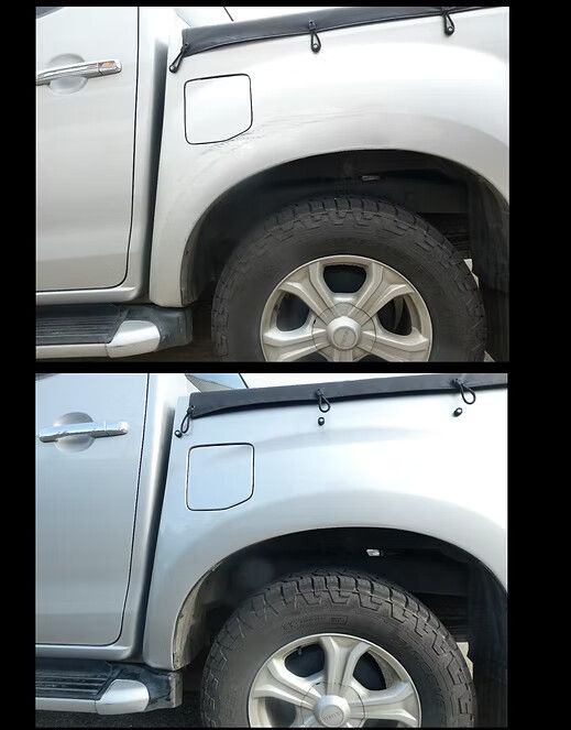Two Images of a Silver Pickup Truck — Moto Bodyworks in Fyshwick, ACT