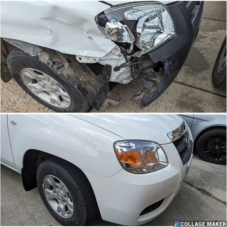 A Damaged White Pickup Truck Front, and a Repaired White Pickup Truck Front — Moto Bodyworks in Fyshwick, ACT