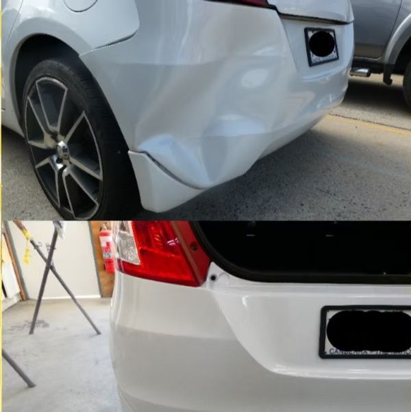 White Car With a Dented Rear Bumper Before and After Repair — Moto Bodyworks in Fyshwick, ACT