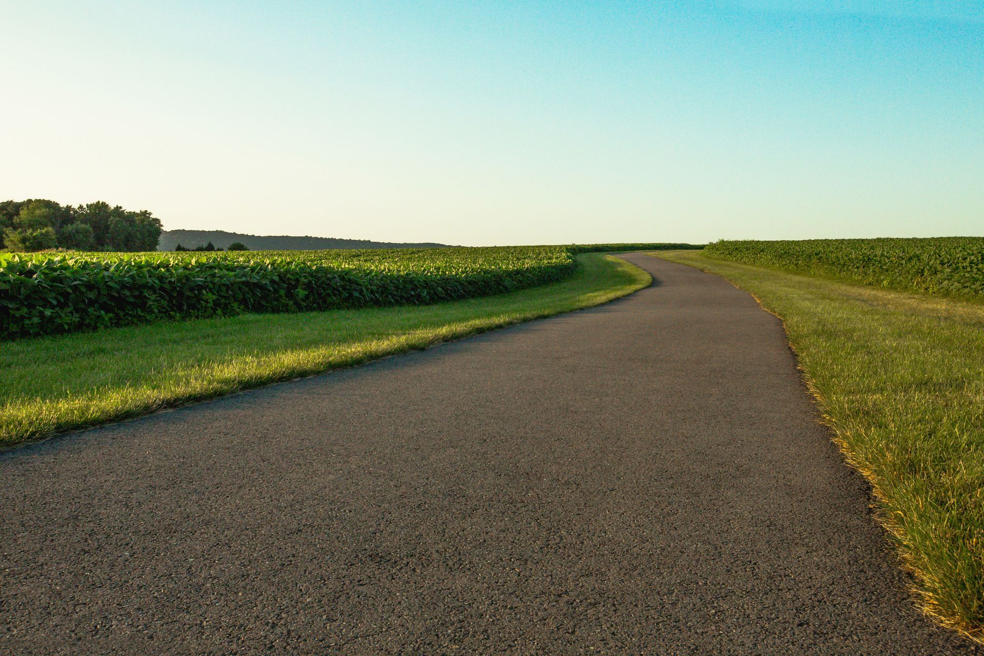Paved path curves through green fields under a clear blue sky.