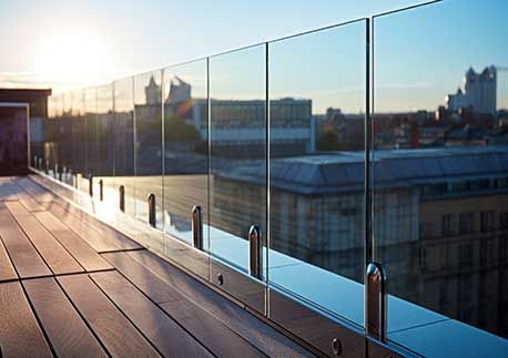 balcony view with exotic wood grooved decking and glass railing