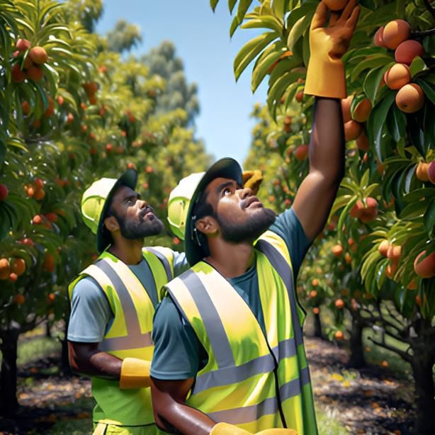 Two Men in Safety Vests Are Picking Fruit From a Tree — Bee HR in Narara, NSW