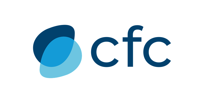 The cfc logo is blue and white with a blue circle in the middle.