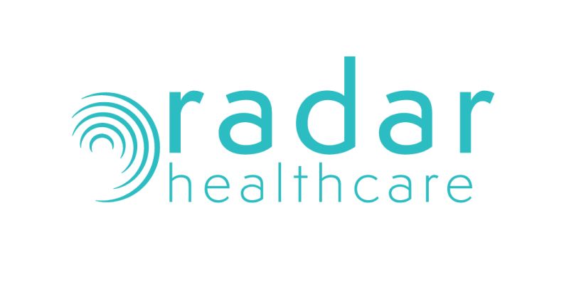 The radar healthcare logo is blue and white on a white background.
