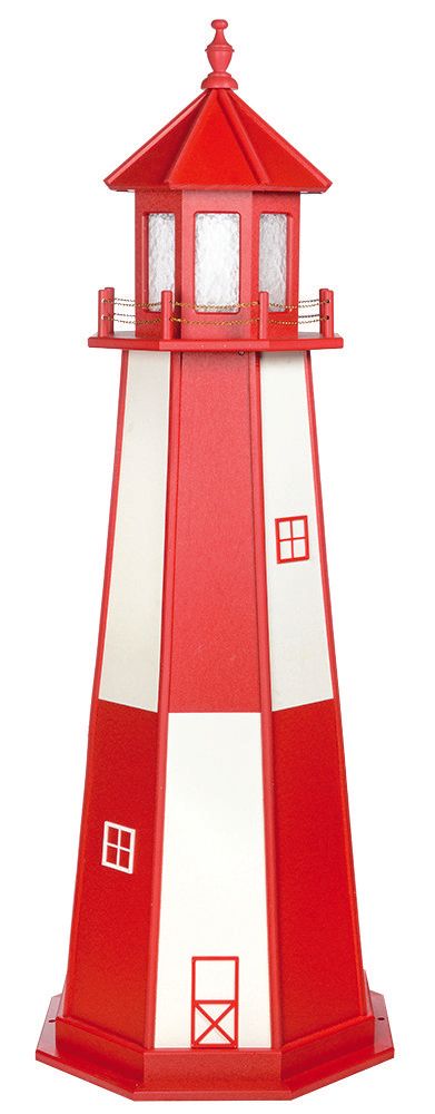 A red and white lighthouse on a white background.