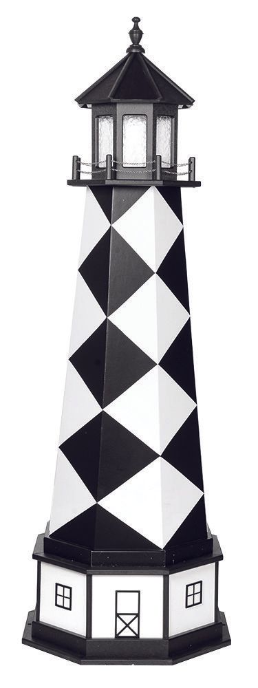 A black and white lighthouse on a white background