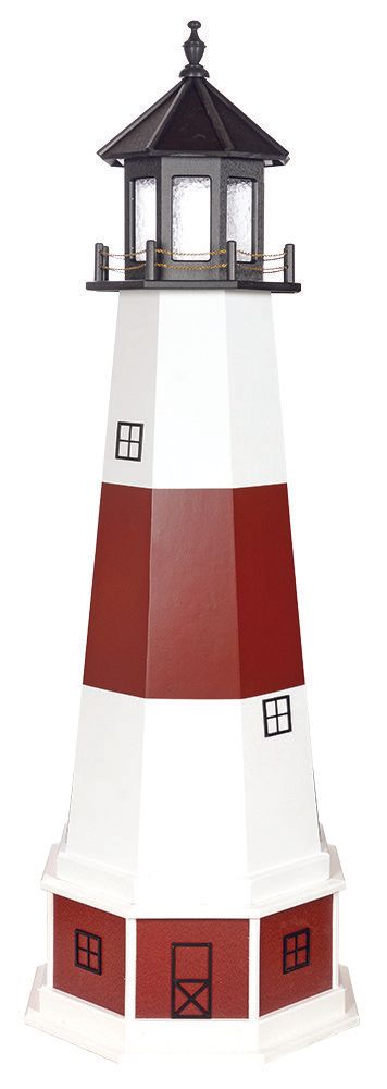 A red and white lighthouse on a white background.