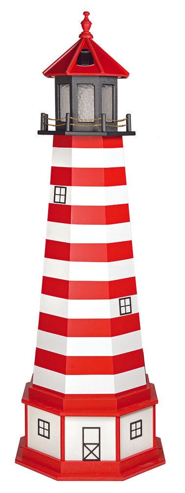 A red and white striped lighthouse on a white background.