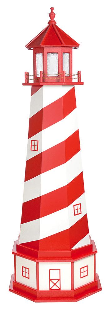 A red and white striped lighthouse on a white background.
