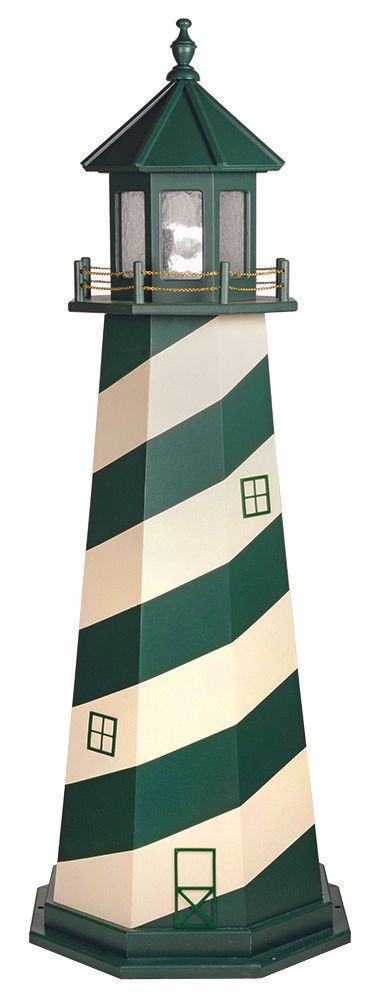 A green and white striped lighthouse with a light on top of it.