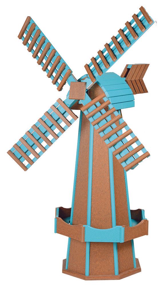 A wooden windmill with blue blades on a white background