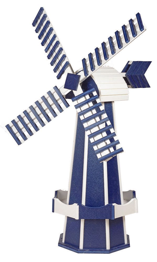 A blue and white model of a windmill on a white background.