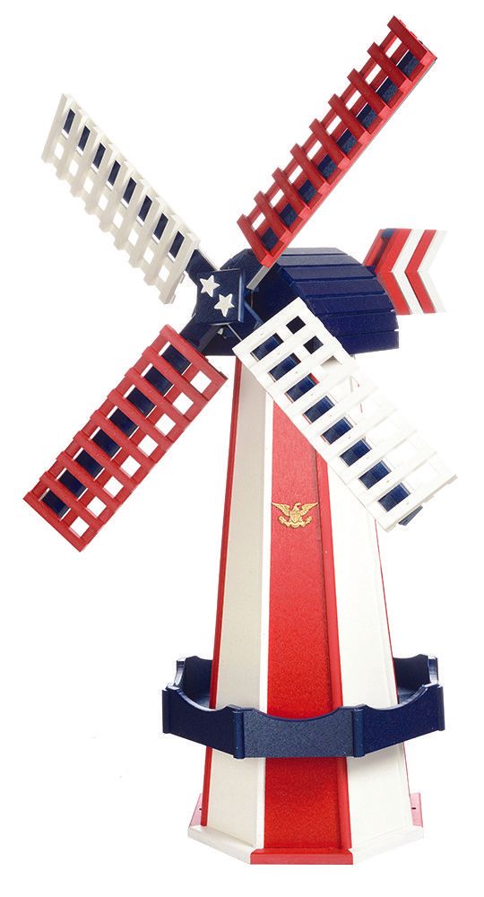 A red white and blue windmill on a white background