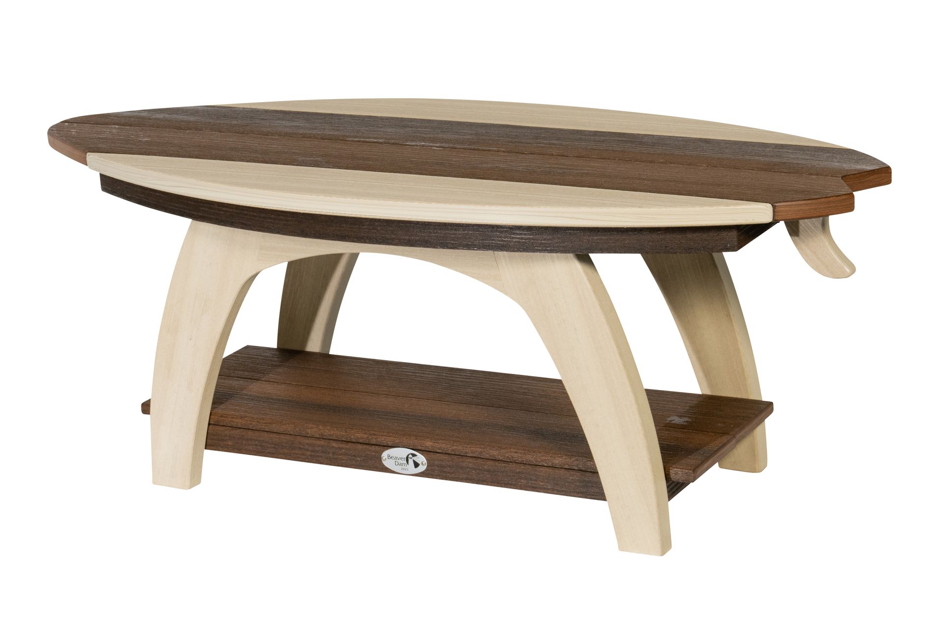 A small wooden table that looks like a surfboard