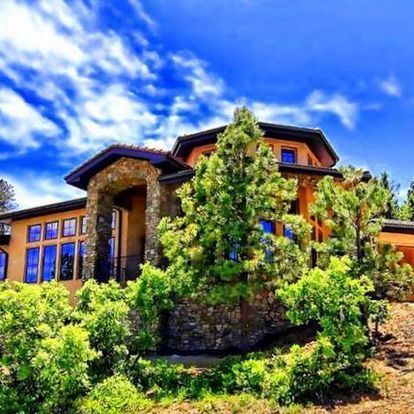 A large house surrounded by trees and bushes with a blue sky in the background