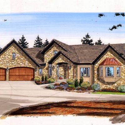 A drawing of a large stone house with two garages