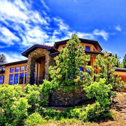 A large house surrounded by trees and bushes with a blue sky in the background