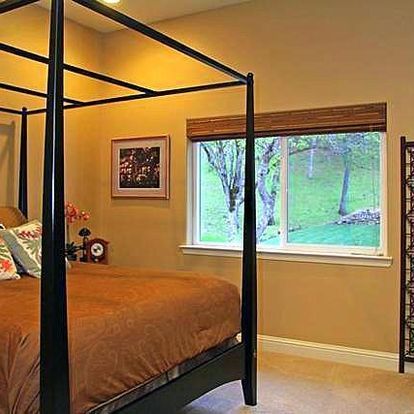 A bedroom with a canopy bed and a large window.