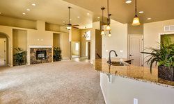 A living room with a fireplace and a kitchen in a house.