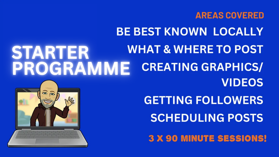 Course advertisement: Cartoon person on laptop. Blue background with text listing course topics and session details.