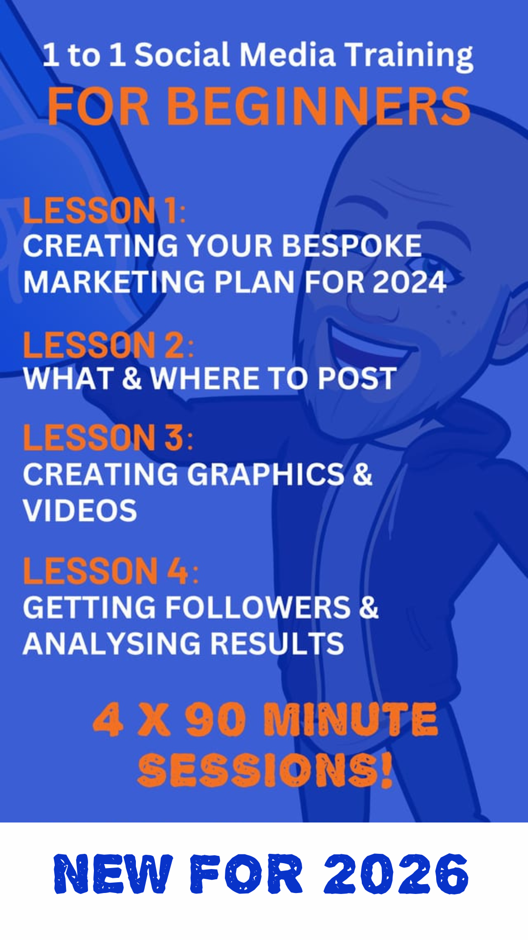 Social media training ad. Blue background, orange text. Includes lessons on marketing plans, content, graphics, and analysis.