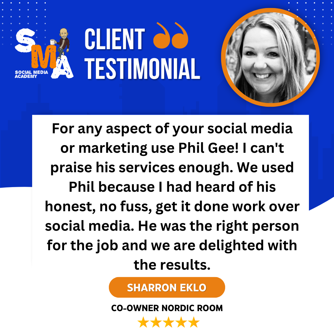 Client testimonial: smiling woman, Sharrin Eklo, praises Phil Gee's social media and marketing services.