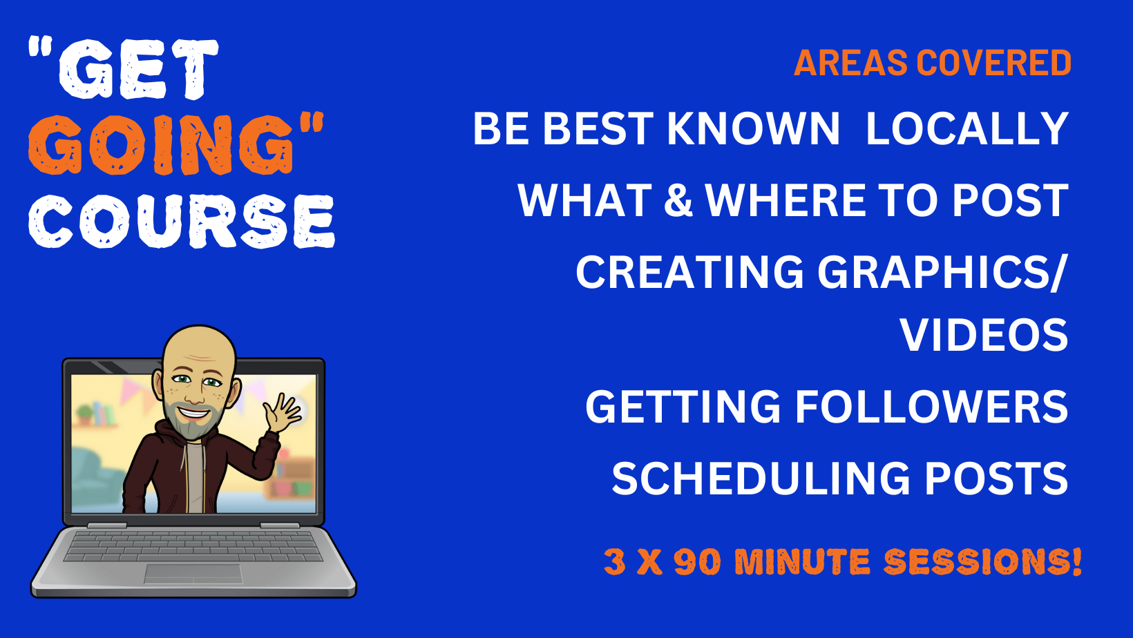 Course advertisement: Cartoon person on laptop. Blue background with text listing course topics and session details.