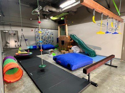 a gym with a climbing wall , a slide , a balance beam , and a tunnel .